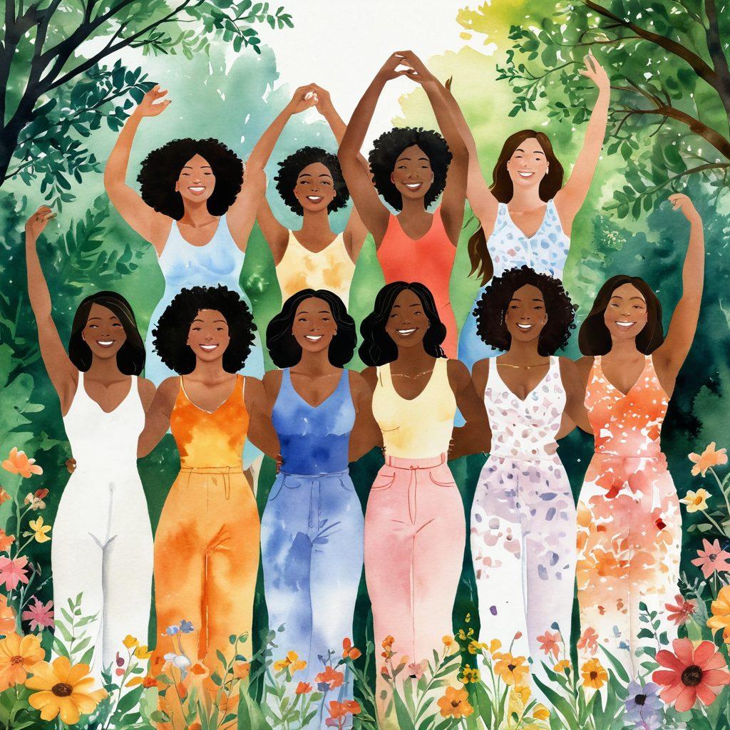 A diverse group of empowered women celebrating their unique bodies in a radiant outdoor setting, surrounded by nature, with colorful flowers symbolizing growth and wellness. Illustrate elements of anatomy like hearts and flowers intertwined, representing care and self-love. Include dynamic poses showcasing confidence and joy, with sunshine illuminating their faces. watercolor style. vibrant colors. soft background.