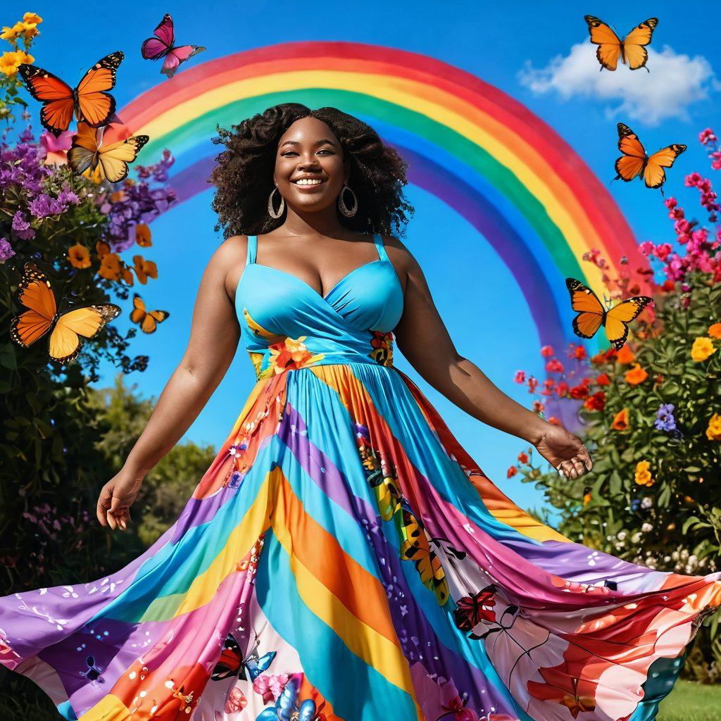 A confident, curvy woman standing proudly in a sunlit park, surrounded by colorful flowers and butterflies, wearing a flowing dress that celebrates her curves. She is smiling and radiating positivity, with an aura of empowerment and freedom. The background features a rainbow sky, symbolizing diversity and self-love. vibrant colors. super-realistic. natural setting.