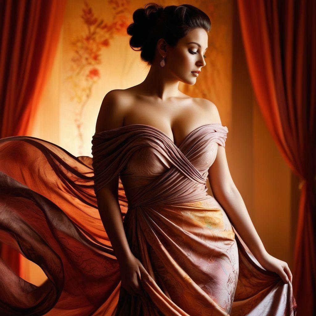 A striking silhouette of a curvy woman draped in elegant, flowing fabrics, symbolizing the interplay between fashion and intimacy. Surround her with soft, warm lighting and abstract shapes that represent connections and relationships. Incorporate diverse styles of clothing that celebrate curves, along with subtle heart motifs in the background. The overall mood should evoke femininity and strength. super-realistic. vibrant colors. soft focus.
